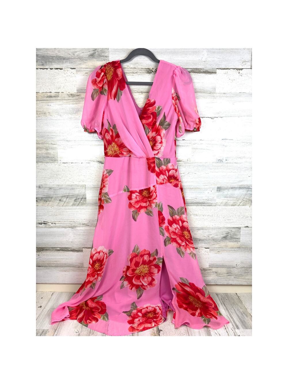 Maison Tara Womens 8 Pink Floral Chiffon Faux Wrap Flowy Summer Maxi Dress